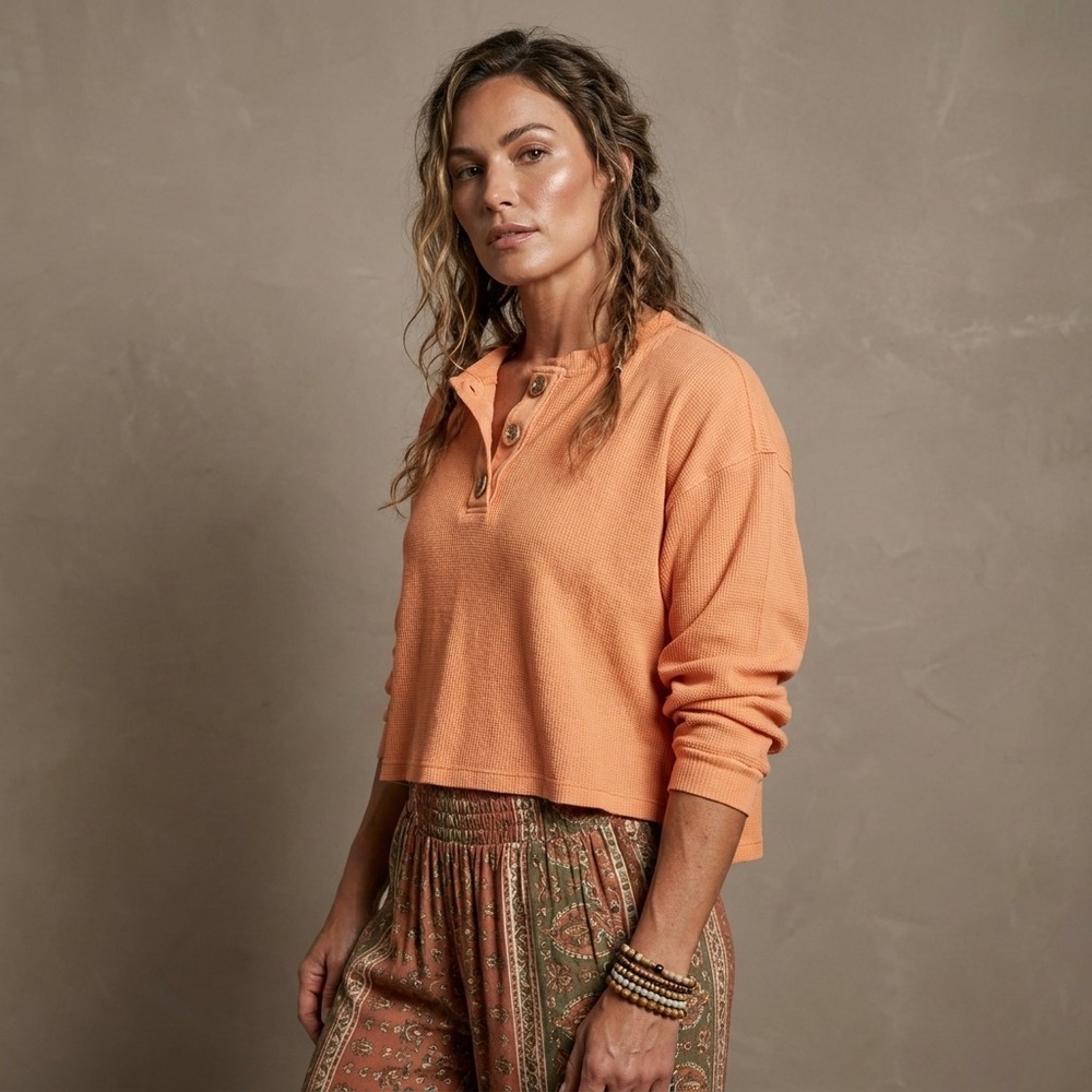 FILOSOFIA Women Henley Top L Orange Tencel Cotton Boho Waffle Knit